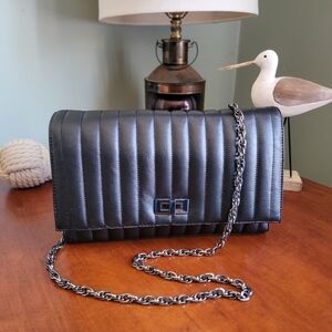 Brooks Brothers Calfskin Black Leather Quilted Crossbody Clutch